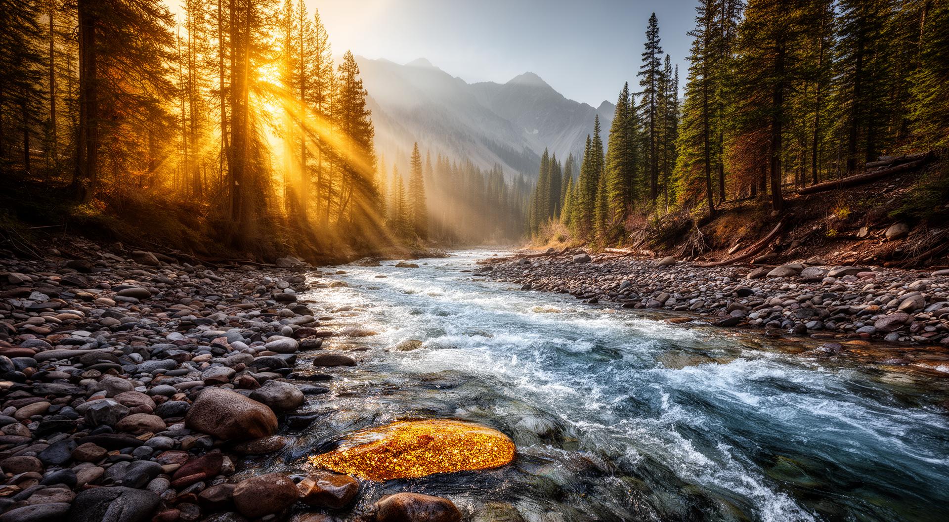 Clear Creek with golden sunlight filtering through Colorado pines